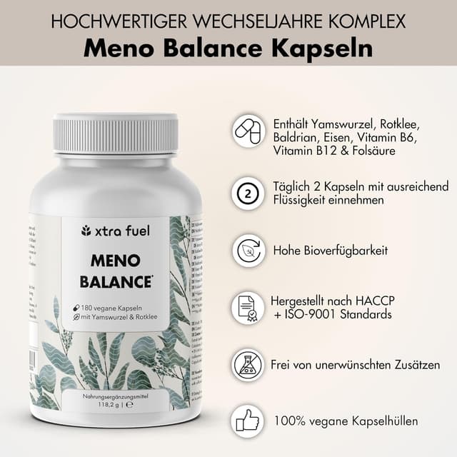 Detalle 2 de Wechseljahre Kapseln „Meno Balance“ – 180 Stück mit Yamswurzel-, Rotklee- und Baldrian-Extrakt