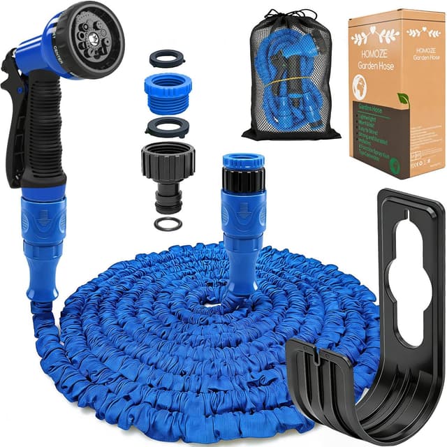 Detalle de HOMOZE expandable garden hose pipe (Blue) with 3/4" and 1/2" fittings, anti-leak design, 10-function spray nozzle, 50ft