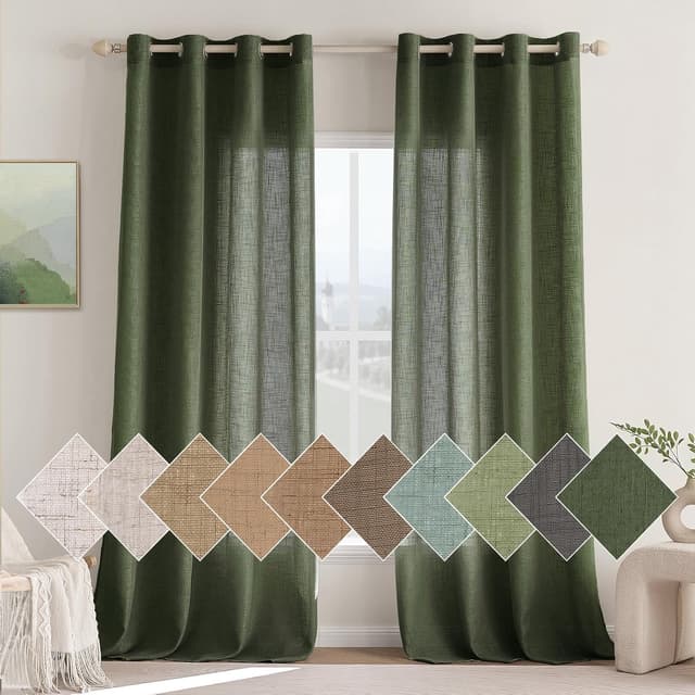 Detalle 2 de Woaboy Leinen-Gardinen Matcha Grün (Halbtransparent) mit Ösen, 2er-Set 140x225 cm