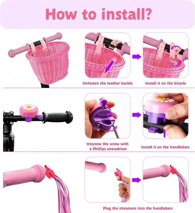 Detalle de SVNR kids bike basket set with handwoven basket, bell, streamers and leather straps