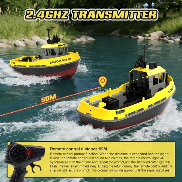 Detalle de tech rc 1:72 ferngesteuertes Tugboat mit 2 Akkus, 2,4 GHz RC-Boot (Gelb)