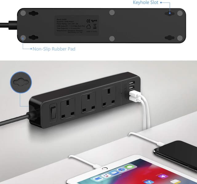 Detalle 2 de JSVER extension lead with 4 USB ports and 3 AC outlets, 200cm cable (smart charging station) — black