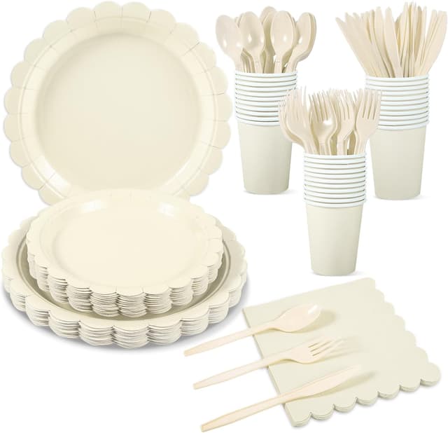 Detalle de Xiangqu 175-Piece Ivory Paper Plates and Napkins Set for Parties (Beige scalloped disposable tableware)