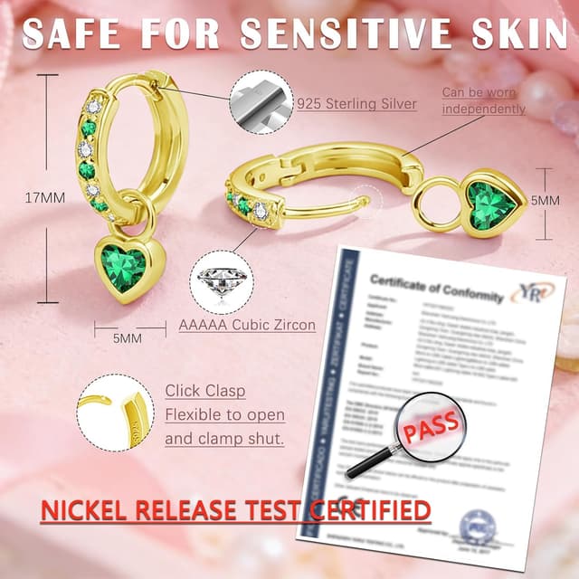 Detalle de Bewenda Ohrringe aus 925 Silber für Kinder und Damen – kleine Creolen mit Herz und Zirkonia (hypoallergen)