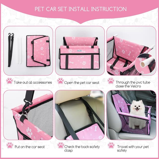 Detalle 2 de Nobleza seggiolino auto per cani piccola taglia e gatti con tasca e cintura di sicurezza, pieghevole impermeabile rosa