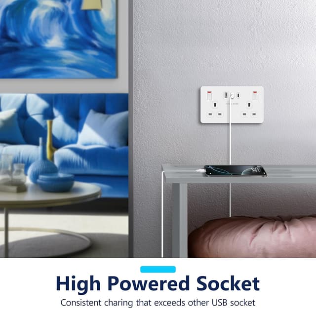 Detalle 1 de LIDER 2-Gang Switched 13A Double Socket with USB Type C & A Charger Ports (25W) – White