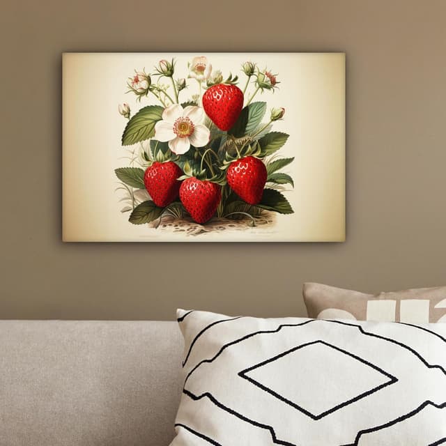 Detalle de MuchoWow© Impression sur toile déco murale 30x20 cm – Fraises, plantes et fruits (beige)