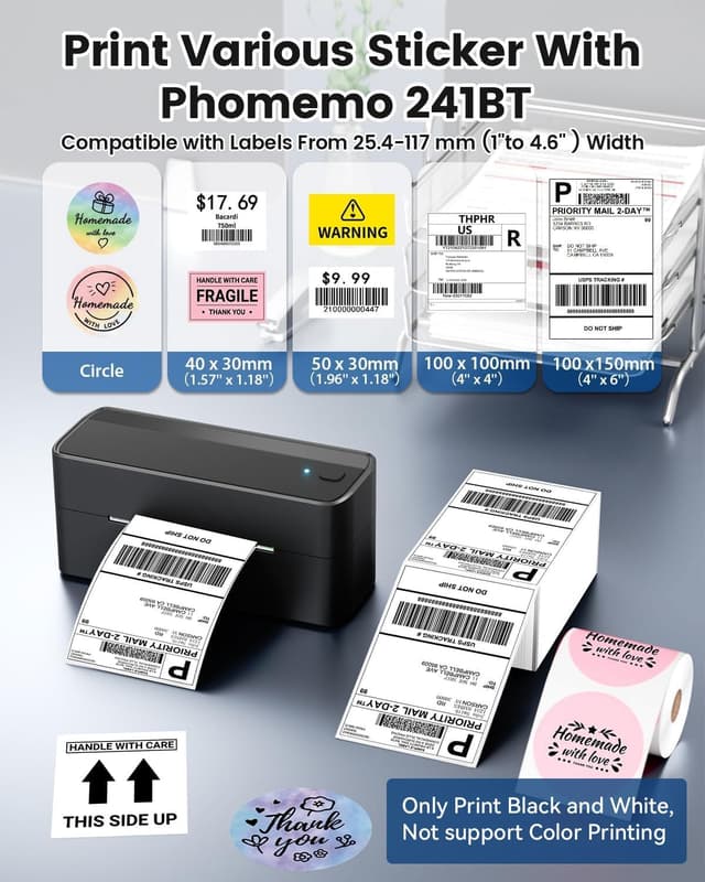 Detalle 2 de Phomemo 241BT Bluetooth 4x6 Wireless Thermal Shipping Label Printer for Small Business (Black)