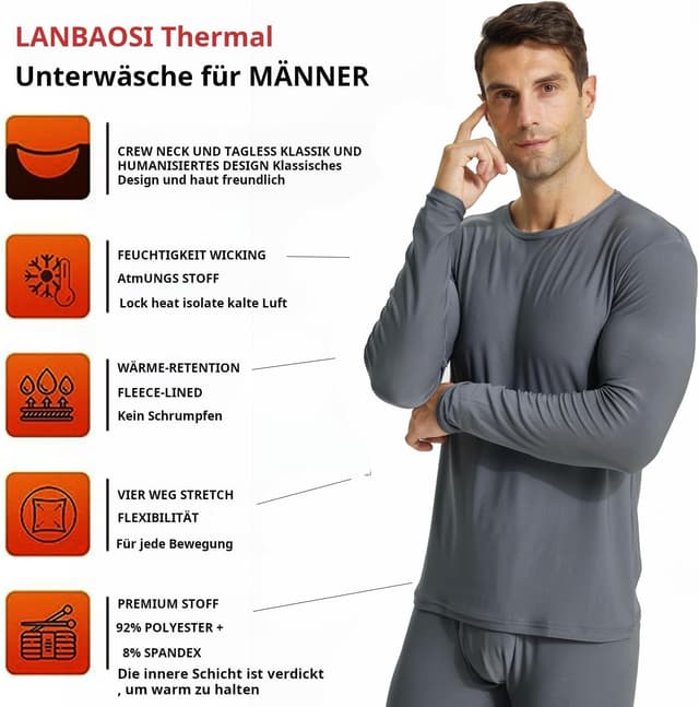 Detalle de BEGIANT Thermounterwäsche Set für Herren mit Fleece-Futter – langarm & lange Unterhose, Baselayer für Winter