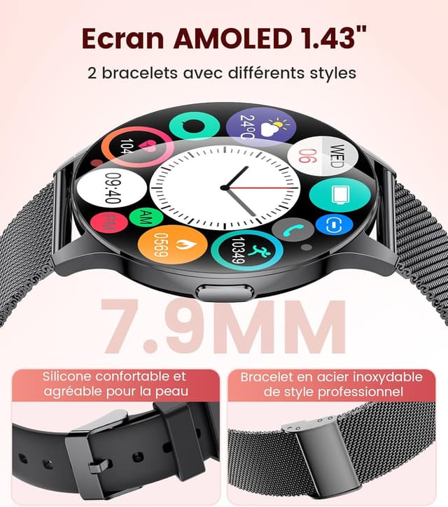 Detalle de LIGE Montre Connectée Femme 1,43" AMOLED (2 bracelets) : sport, appels et étanchéité IP68