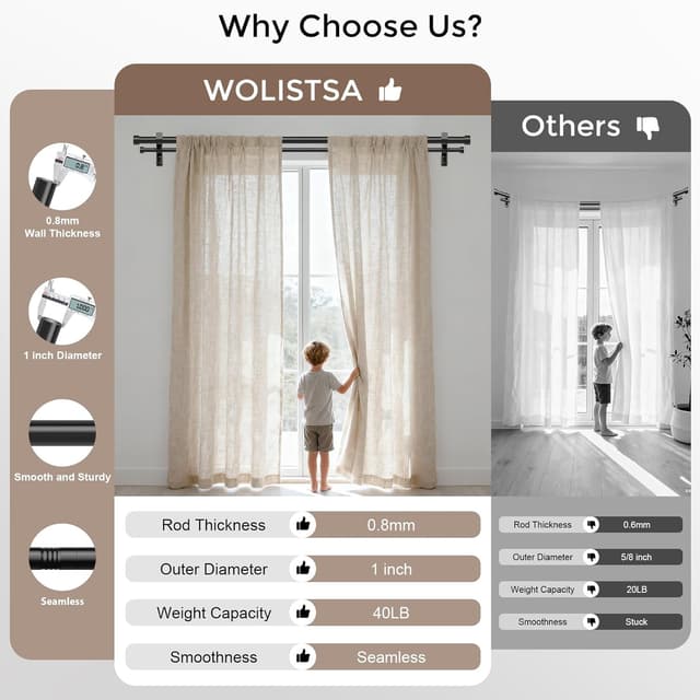 Detalle 2 de Black Double Curtain Rod (72 to 144 Inch Extra Long Dual Curtain Rods) Telescopic Metal Drapery Pole Set