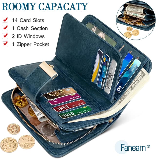 Thumbnail 3 de Faneam Damen-Geldbörse aus Kalbsleder mit RFID-Schutz, Reißverschluss-Münzfach und 14 Kartenfächern