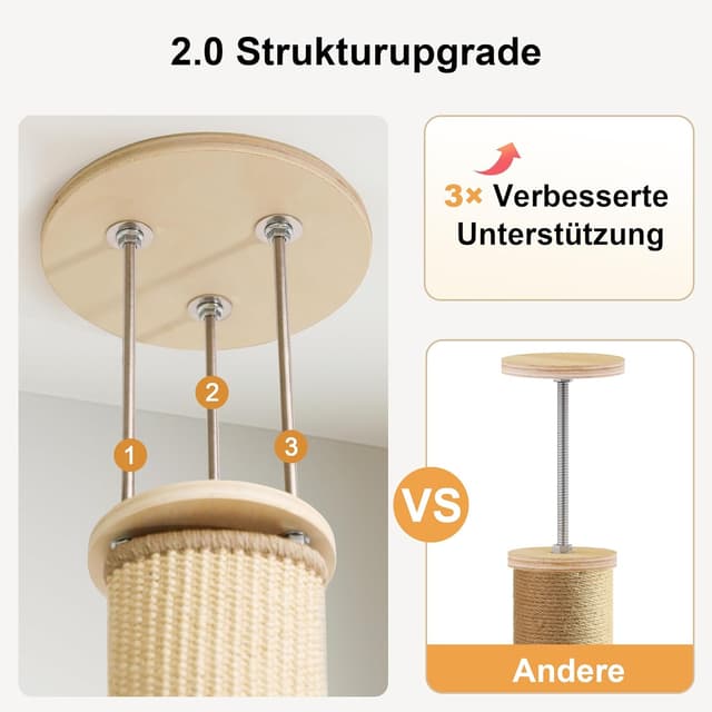 Thumbnail 6 de FUKUMARU Kratzbaum mit 4 Etagen bis zur Decke (250–274 cm), wandmontiert, Jute & Hängematte – beige