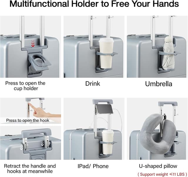 Detalle 2 de Hanke 20 Inch Cabin Suitcase with Combination Lock, Cup Holder & Top Opening Hard Shell (Grey)