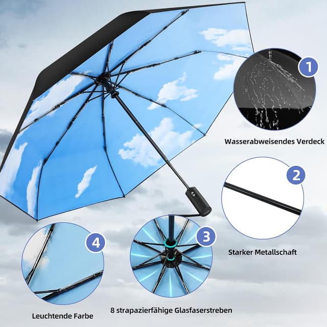 Detalle de ZUOYOUZ faltbarer Regenschirm (automatisch, kompakt) mit UV-Schutz – ideal für Auto & unterwegs