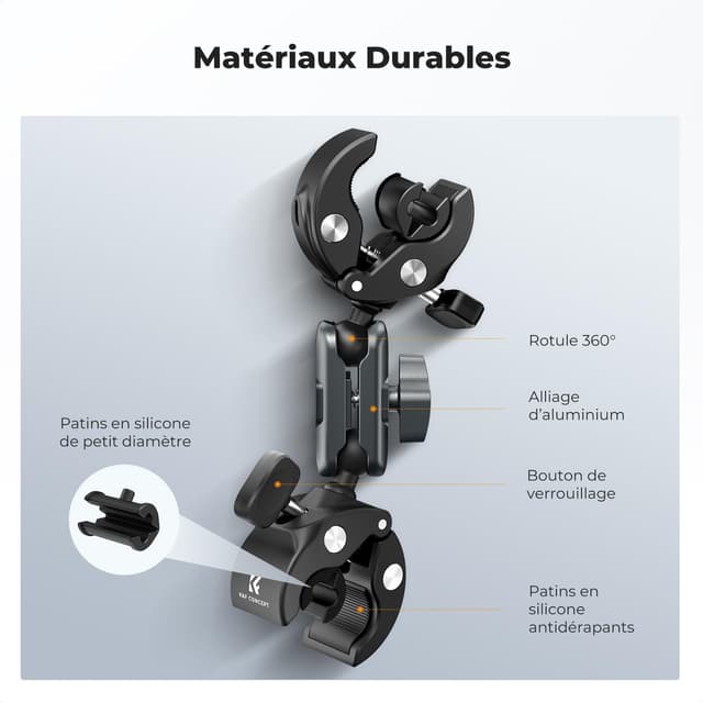 Detalle 2 de K&F CONCEPT Double pince super serrage avec tête sphérique 360° – support universel pour guidon, perche et trépied