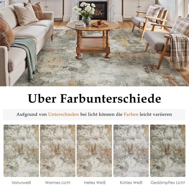 Detalle de PureCozy Abstraktes Wohnzimmer-Teppich-Set 240 x 300 cm (Vintage, waschbar, rutschfest, Orange-Grau)