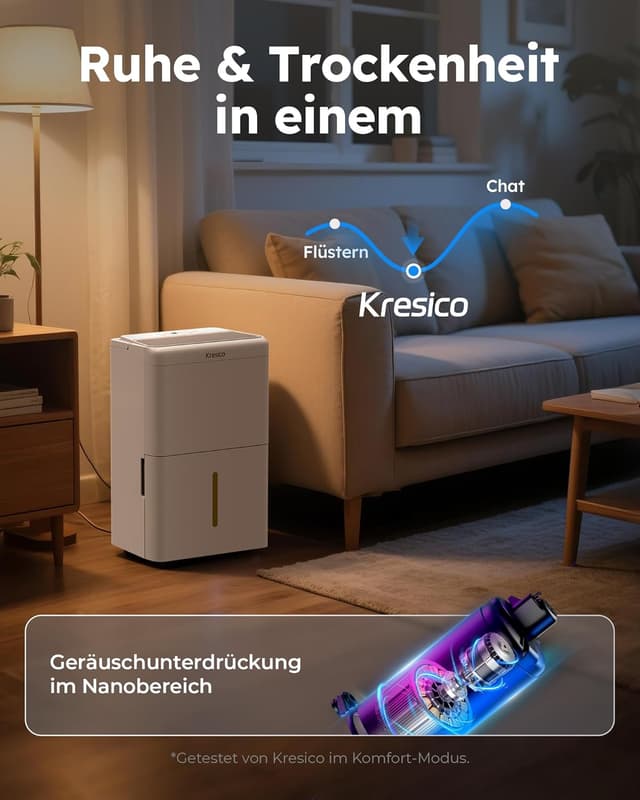 Detalle de Kresico Luftentfeuchter elektrisch 20L/24h (39 dB) für ca. 150 m³/50 m², mit Ablaufschlauch & Timer, R290