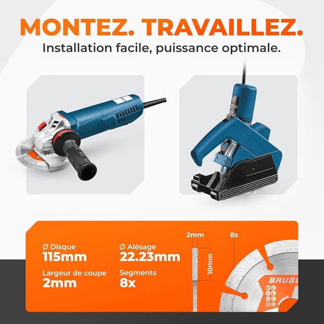 Detalle 2 de BAUBECK – Lot de 2 disques diamant 115 mm pour pierre et béton, compatibles avec meuleuses d’angle