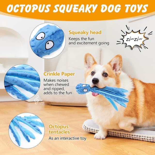 Detalle de RAYITO Octopus Dog Toys no-stuffing squeaky plush with crinkle paper (Purple/Blue) for small to medium dogs