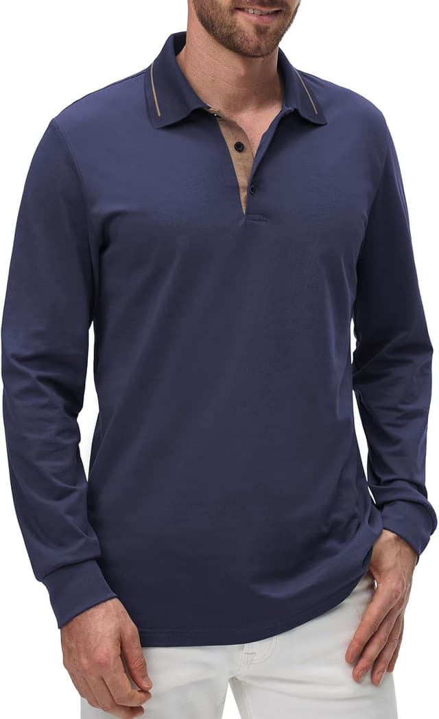 Detalle de Comilaka Uomo Polo casual a manica lunga in cotone con colletto a contrasto
