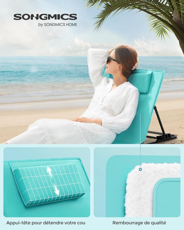 Detalle de SONGMICS Chaises longues de plage GCB251C01 (lot de 2), transats pliants avec appui-tête et dossier inclinable