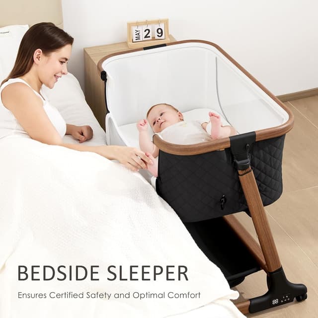 Detalle de ANGELBLISS Electric Baby Bassinet Bedside Sleeper with Auto Rocking (Remote/Touch), 12 Sounds, 6 Heights, Storage & Wheels (Black) with Breathable Mesh