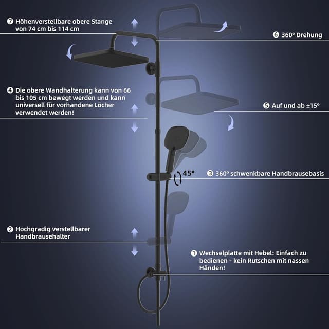 Detalle de Hibbent selbstreinigender Regenduschkopf-Set mit Edelstahl-Duschstange, 4-Wege Handbrause – höhenverstellbar, schwarz