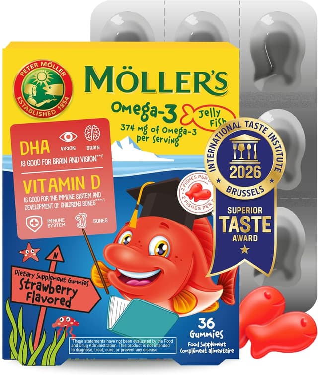 Detalle de Möller’s Omega 3 Kapseln für Kinder (Erdbeergeschmack) – mit DHA und EPA, 36 Stück