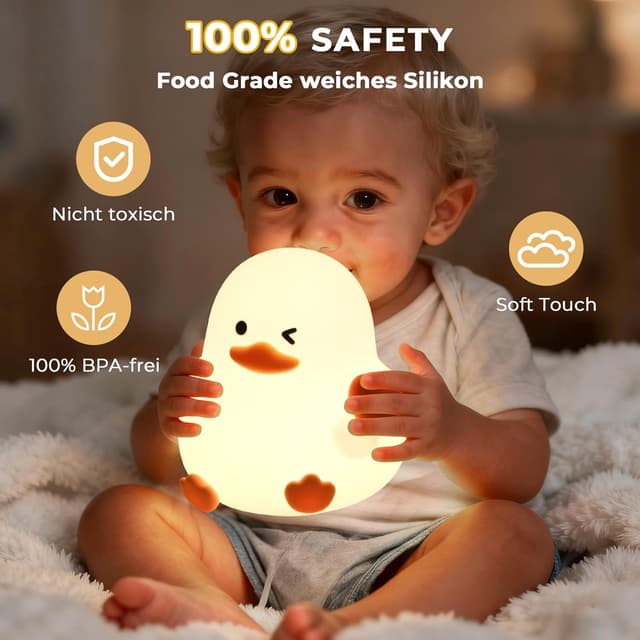Detalle 2 de JVURICE® Kinder-Nachtlicht Ente aus Silikon, dimmbar & RGB mit Touch und Timer