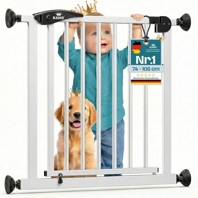 Detalle de KIDIZ Treppenschutzgitter ohne Bohren – verstellbare Breite 81–87 cm, 75 cm hoch, Türschutz- und Absperrgitter mit 90° Open-Stop