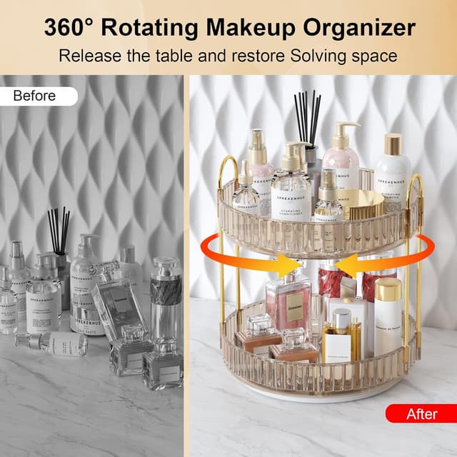 Detalle de MOACC 2-Tier Rotating Makeup & Skincare Organiser with 360° Swivel Base (Gold)