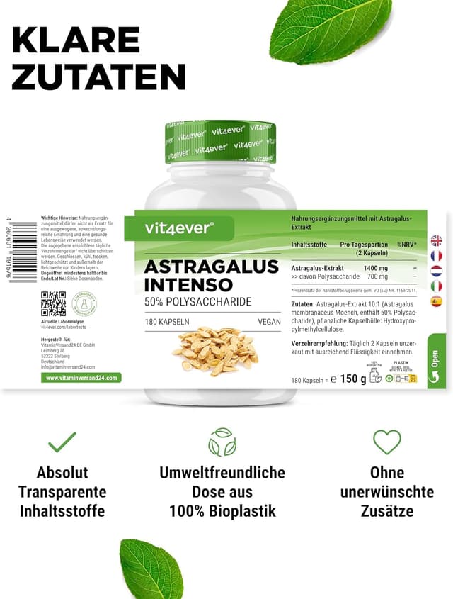 Detalle de vit4ever Astragalus 1400 mg reinem Extrakt pro Tag – 180 Kapseln (vegan)
