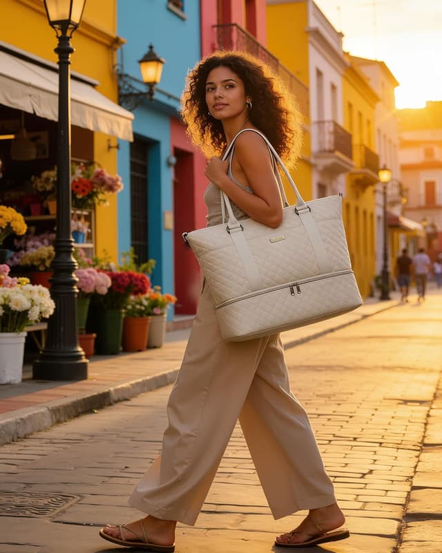 Detalle 2 de HOTOR women’s lightweight travel bag (beige) with shoe compartment and wash/toiletry bag, 34 x 45 x 20 cm