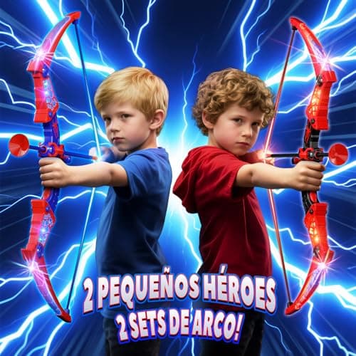 Detalle de Kidluna set de arco y flechas con luces LED rojas y azules para niños (2 arcos, 2 carcaj y diana telaraña)