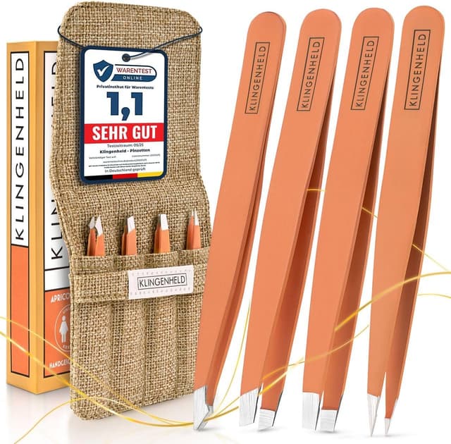 Detalle de KLINGENHELD® Präzises Pinzetten-Set mit handgeschliffenen Spitzen – für Augenbrauen, 4 Köpfe & Baumwoll-Etui, 21 Farben