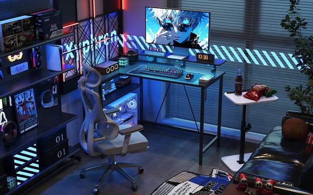 Detalle de Xyphren L Shaped Gaming Desk with RGB LED Lights, Power Outlets & Adjustable Shelves (Carbon Black)