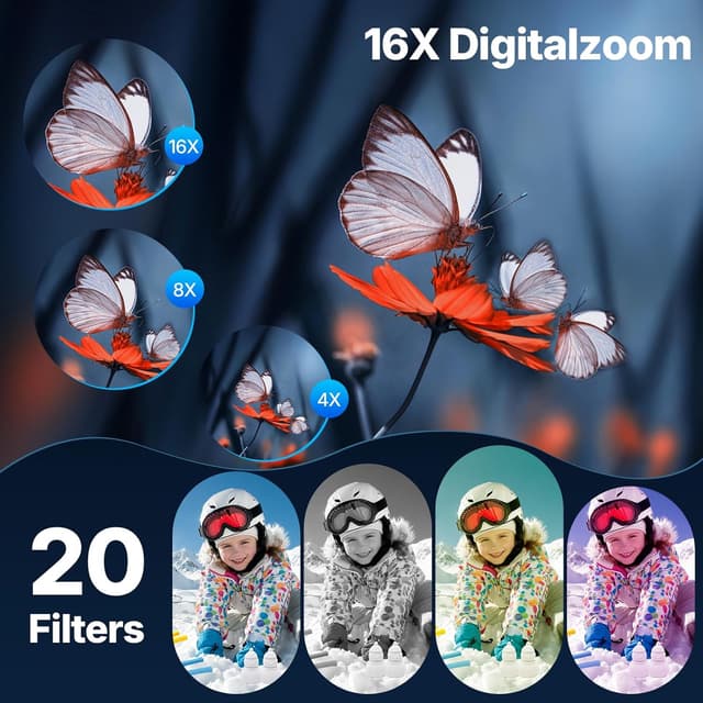 Detalle 2 de LOUM Digitalkamera Kompakte Kamera mit 44 MP Fotos, 1080P Video, 2,4" IPS und Webcam-Modus (32 GB TF-Karte) – Schwarz