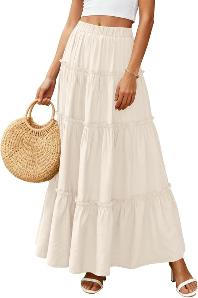 Detalle de PRETTYGARDEN Boho Tiered Maxi Skirt for Women with Elastic Waistband & Side Pockets