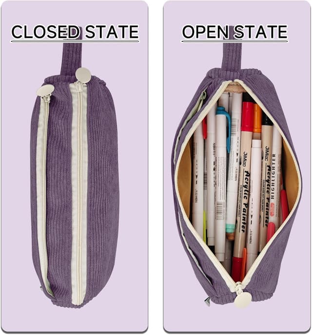Detalle de Boziee Cord-Stoff Federmäppchen Mäppchen mit Doppelreißverschluss (lila) – große Kapazität