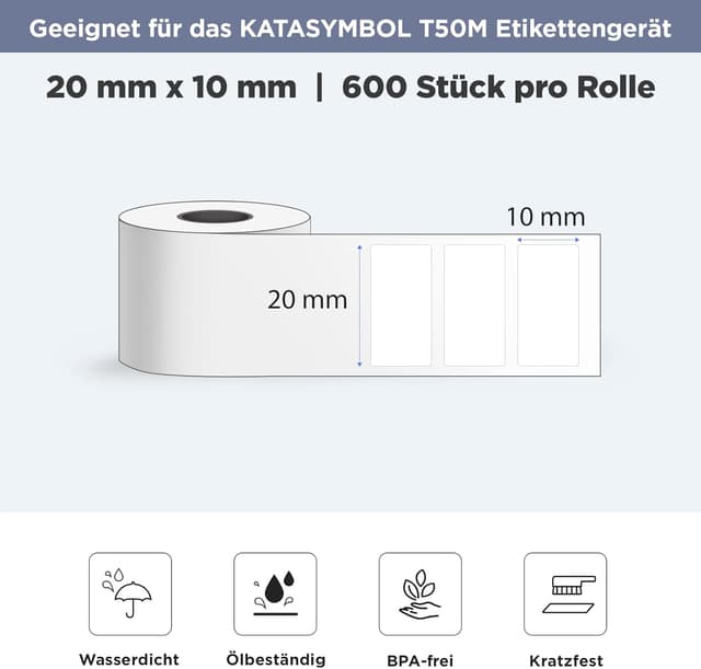 Detalle 2 de SUPVAN wasserfeste Etiketten (20 x 10 mm) für T50M Pro/Plus – 600 pro Rolle, schwarz auf weiß