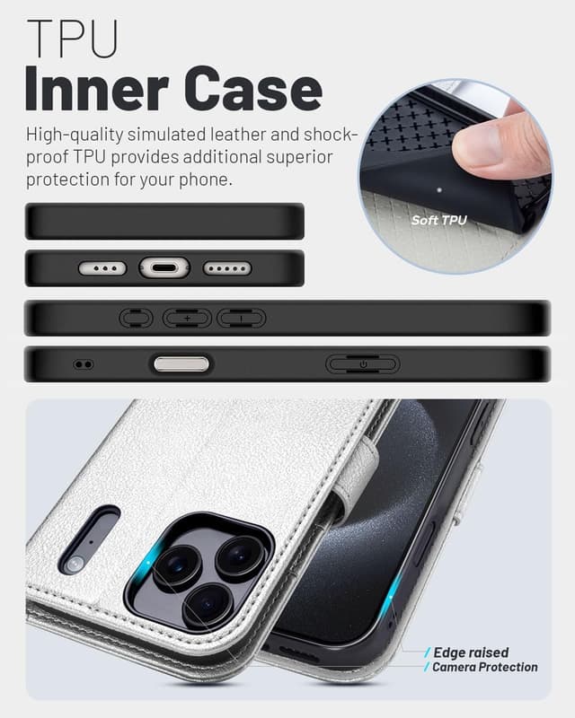 Detalle de OCASE Hülle für iPhone 17 Pro Max 5G mit Kartenfach, Magnet & RFID-Blocker (Leder, Silber)