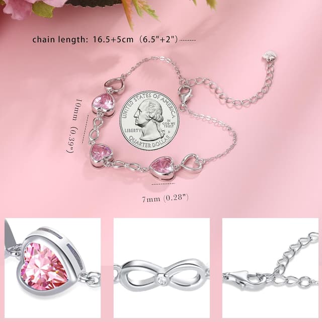 Thumbnail 4 de Qings 3 Herz Geburtsstein Armband für Damen aus Sterlingsilber (Infinity) – verstellbar mit Zirkonia Charm