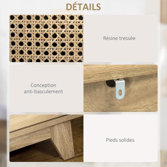 Detalle 2 de HOMCOM table de chevet avec porte en cannage, tiroir et niche 45 x 39 x 56,5 cm