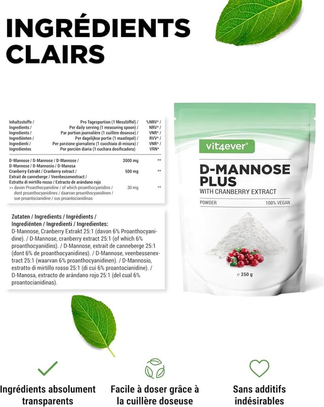 Detalle de Poudre de D-mannose avec cranberry vit4ever – 250 g, à dissoudre dans l’eau