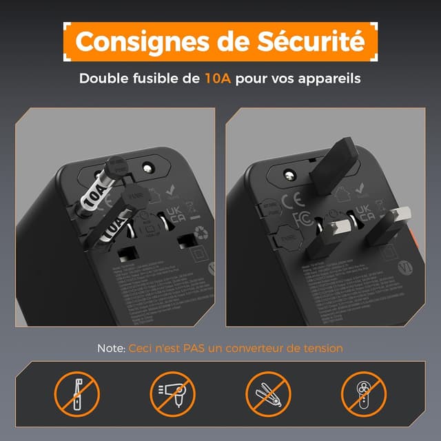 Detalle de TESSAN adaptateur de prise universelle de voyage avec 5 ports USB (3 USB‑C + 2 USB‑A)