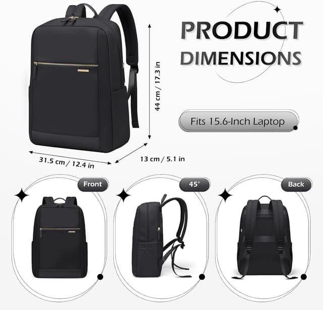 Detalle de GOLF QUALITY 15.6 Inch Laptop Backpack for Women – Anti-theft, water-resistant commuter carry-on (Black)
