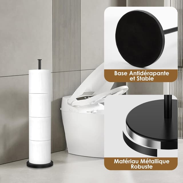 Detalle de Porte papier toilette sur pied noir avec réserve (jusqu’à 4 rouleaux) – support antirouille sans perçage