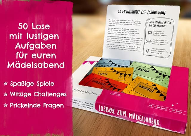 Detalle 2 de Herzmeister Losbox „Geschenk für Beste Freundinnen“ mit 50 Fragen & lustigen Aufgaben für Mädelsabend