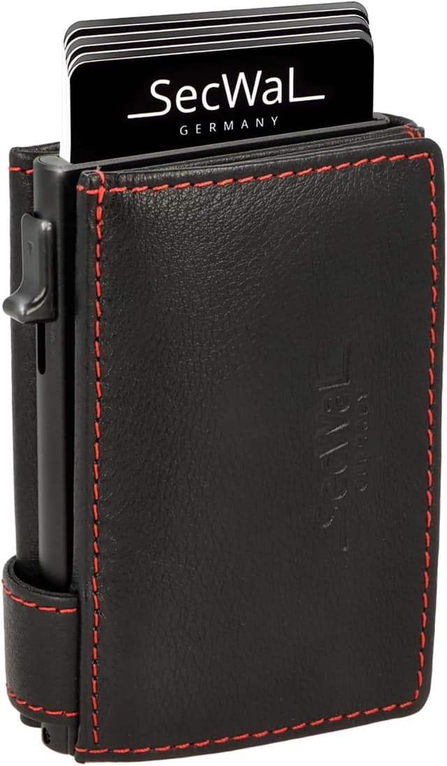 Detalle 2 de SecWal Kartenetui mit XXL Münzfach, Druckknopf und RFID-Schutz (inkl. Geschenkbox & E-Book) – roter Container Rot-Schwarz